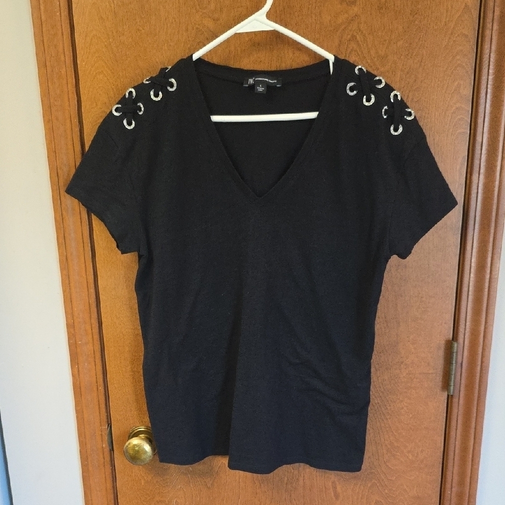 INC Vneck Shoulder Detailed Top Large